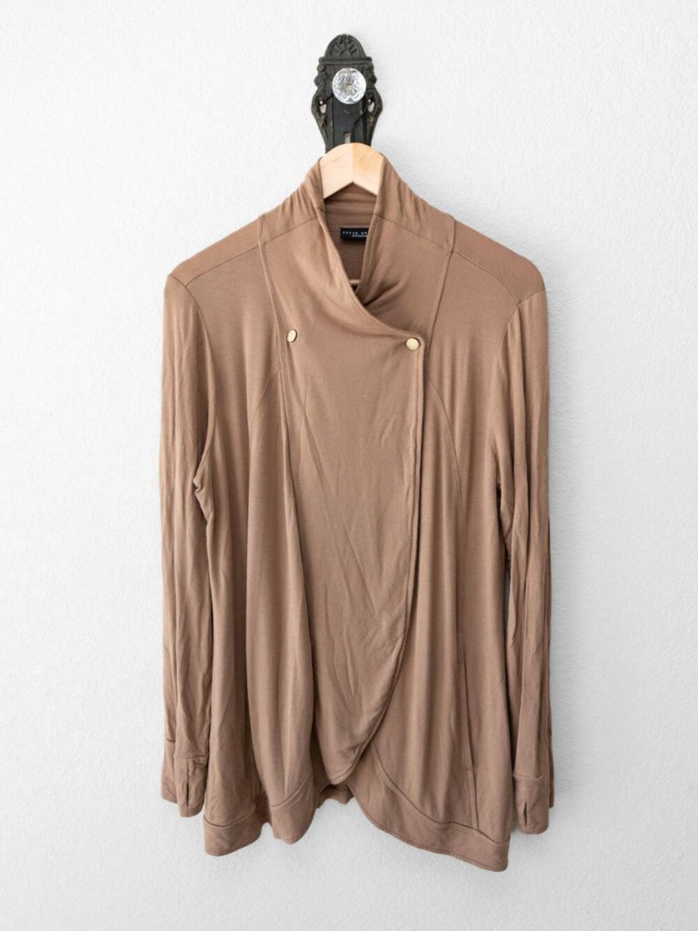 Susan Graver Weekend Cardigan Womens M Brown Crossover Draped Cowl Snap Pockets